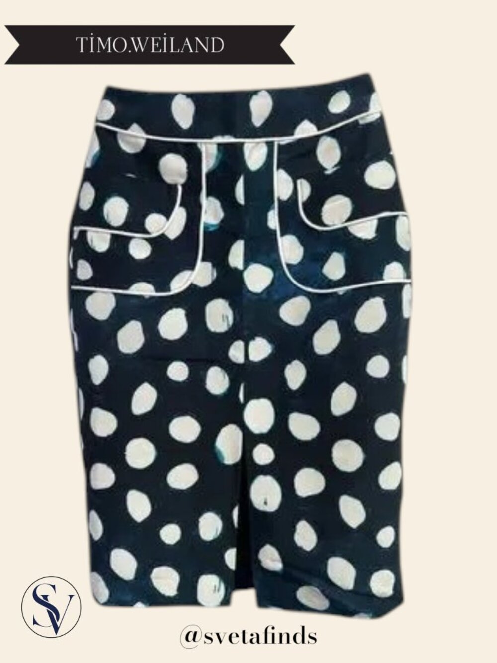 TIMO WEILAND Silk Cotton Abstract Polka Dot Utility Pencil Skirt Navy White 4